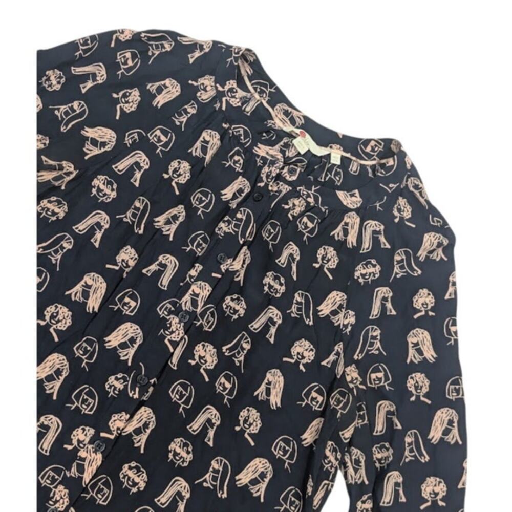 Boden Chit Chat Navy Pink Face Print Long Sleeve Blouse Shirt Size US 8 UK 12